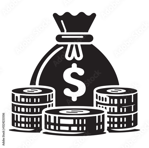 Money bag or stash of money flat icon silhouette vector icon on white background.