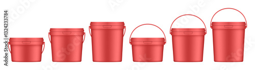 Red plastic buckets with handle and lid. Vector mockup of a food or building mixtures packaging. A bucket of paint or putty. Small, medium and large sizes	
