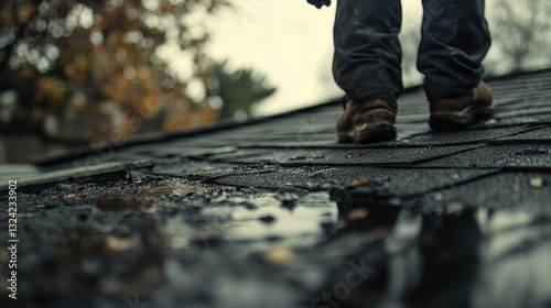 Person's feet on a wet, damaged roof.