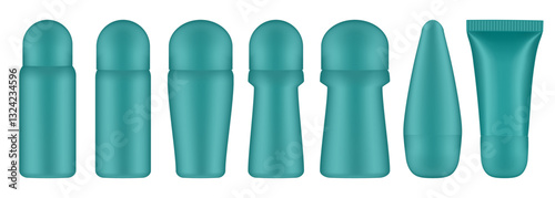 Set of teal green roller ball bottles. Body antiperspirant deodorant roll-on, closed blank bottles with screw cap. Realistic vector mockup