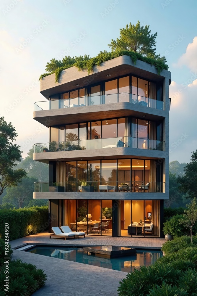 Fototapeta premium Luxurious contemporary office building with rooftop garden, garden, business, design