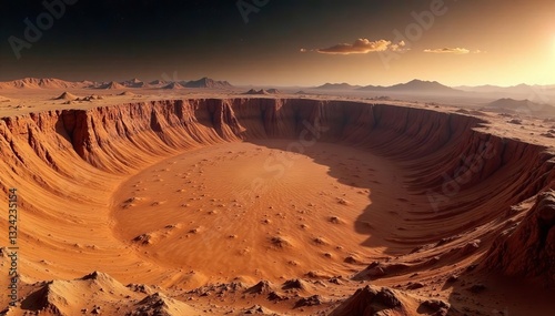Mars crater with mountains and valleys in equirectangular panorama, Mars, planet, space