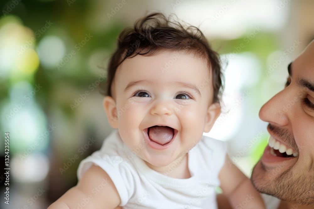 A joyful father interacts with his smiling baby, capturing a candid moment of laughter and happiness, illustrating the beauty of familial love and connection. A joyful father interacts with his smiling baby, capturing a candid moment of laughter and happiness, illustrating the beauty of familial love and connection.