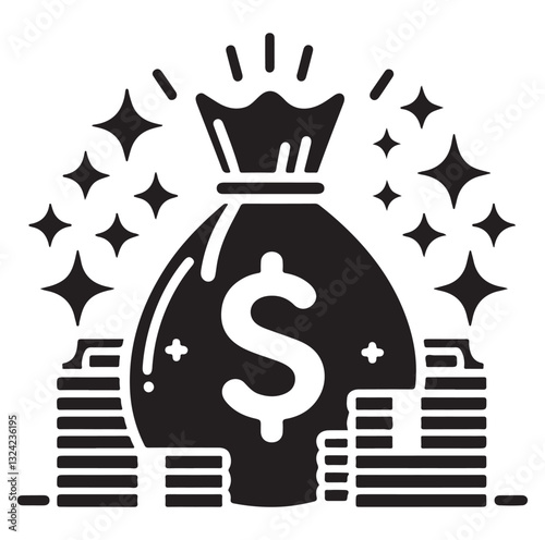 Money bag or stash of money flat icon silhouette vector icon on white background.