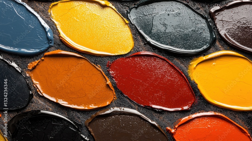 A vibrant array of paint colors arranged in circular shapes, showcasing a rich texture and variety of hues. A vibrant array of paint colors arranged in circular shapes, showcasing a rich texture and variety of hues.