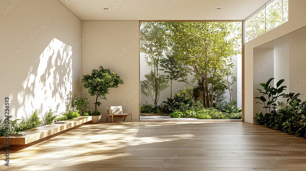 Obraz premium Cozy Empty Room Interior Design with White Walls & Floor, Perfect Garden View Through Window, Modern Home Architecture for Relaxation.