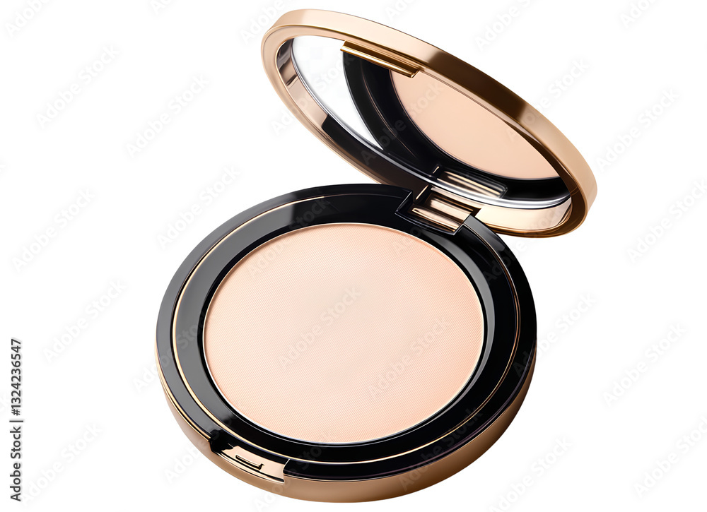 An ultra-realistic photograph of an open powder compact, featuring a light beige foundation inside. The compact is isolated on a transparent background An ultra-realistic photograph of an open powder compact, featuring a light beige foundation inside. The compact is isolated on a transparent background