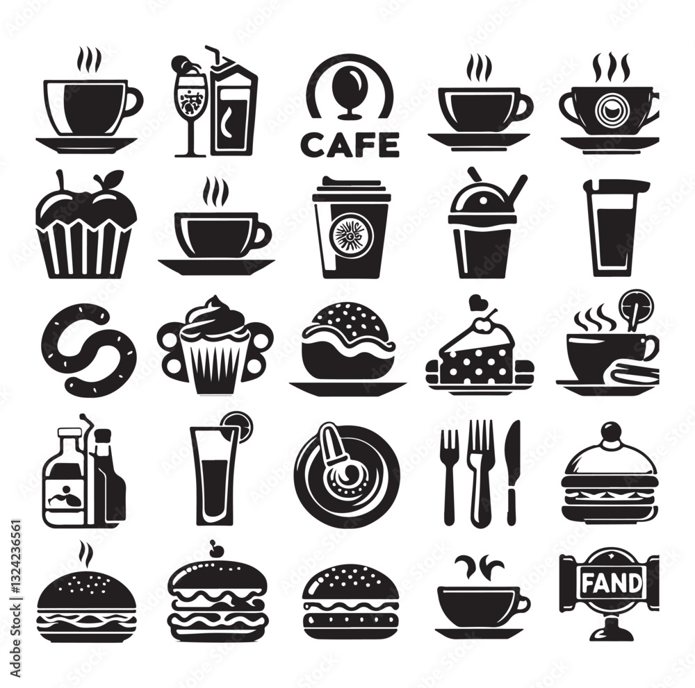 Silhouette icon set of cafe icons, restaurant icon, food and drink icon vector style on white background. Silhouette icon set of cafe icons, restaurant icon, food and drink icon vector style on white background.