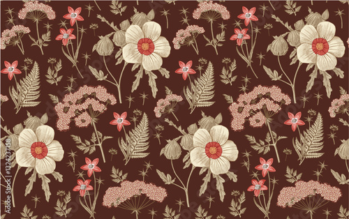 Seamless pattern Hibiscus wildflowers. Beautiful fabric blooming realistic isolated flowers Vintage background Wallpaper baroque. Drawing engraving Vector victorian illustration