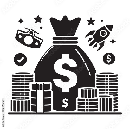 Money bag or stash of money flat icon silhouette vector icon on white background.