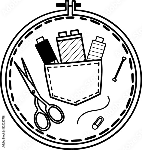 embroidery tools in fabric hoop scissors, thread spools, needles for sewing crafting essentials in black and white illustration