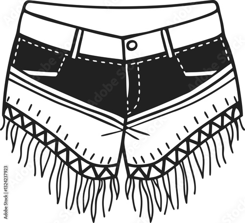 Fringed denim shorts illustration, casual fashion summer wear drawing