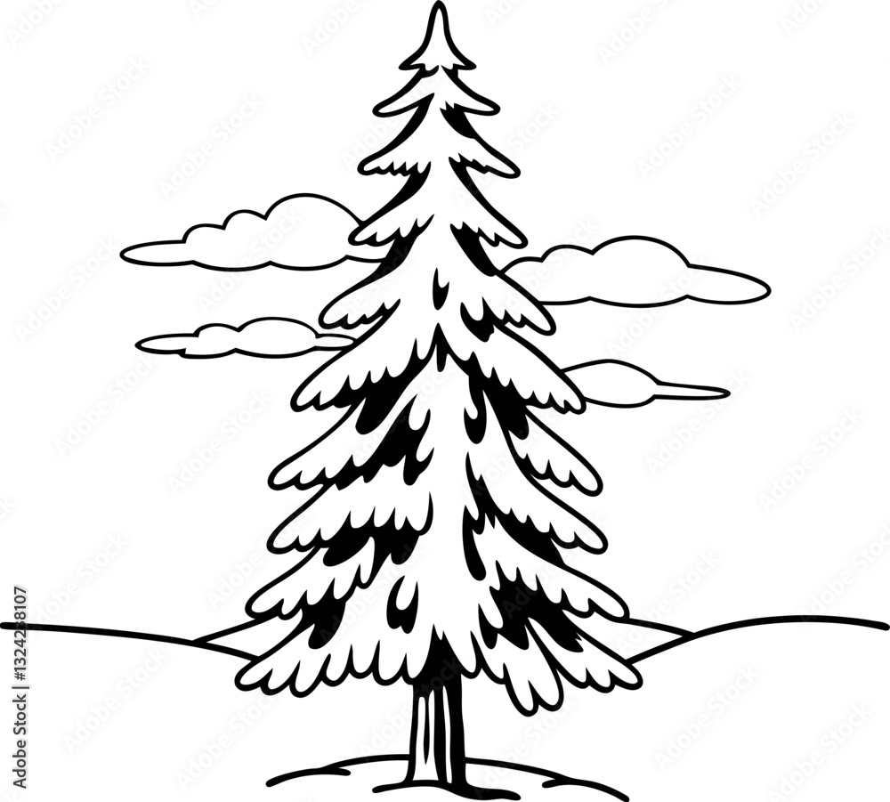 Outline of pine tree on scenic landscape with clouds