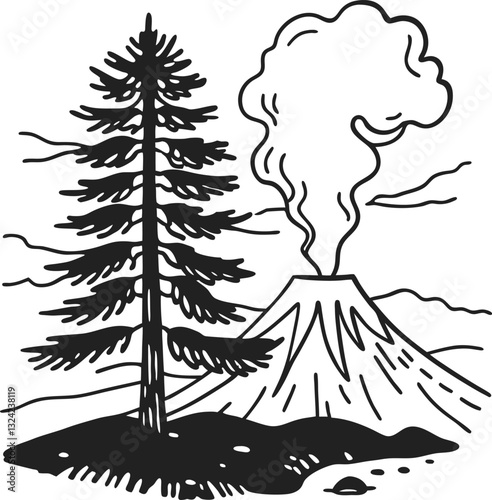 Volcano and pine tree illustration with smoke and mountain scenery