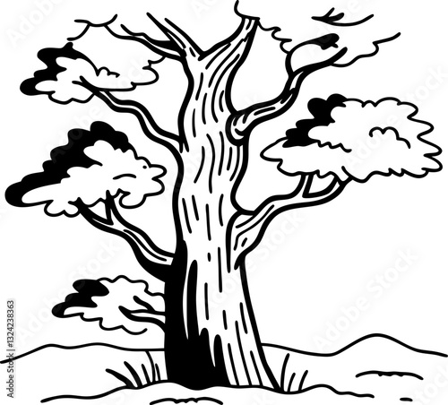 Stylized black and white tree illustration with sprawling branches and textured bark