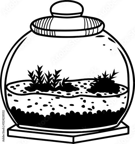 Black and white terrarium drawing plant life in glass container