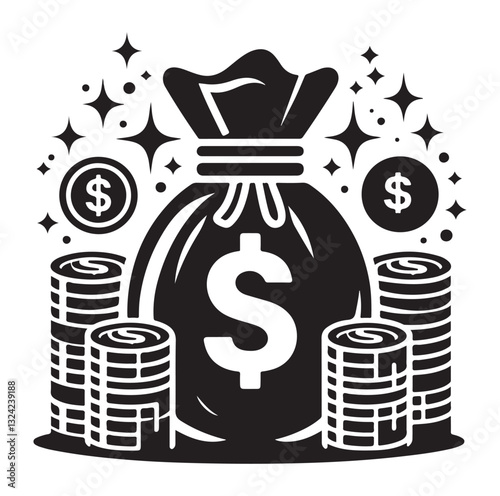 Money bag or stash of money flat icon silhouette vector icon on white background.