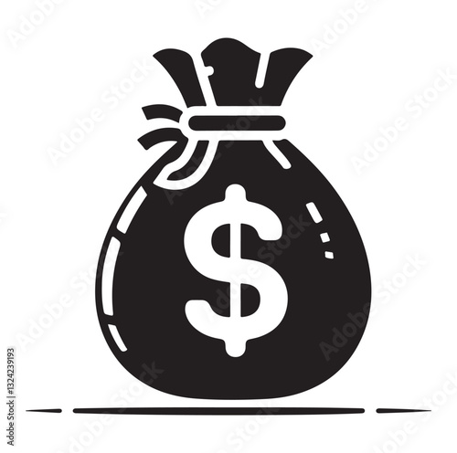 Money bag or stash of money flat icon silhouette vector icon on white background.