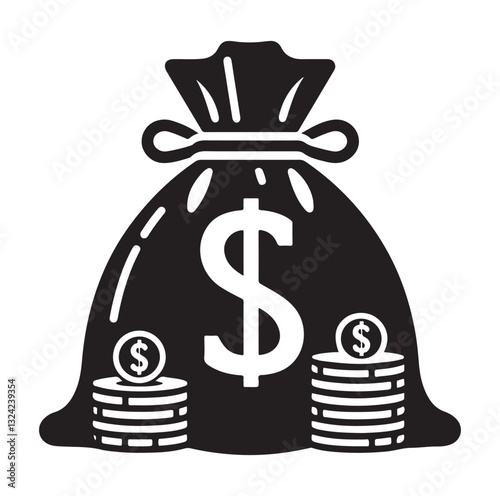 Money bag or stash of money flat icon silhouette vector icon on white background.