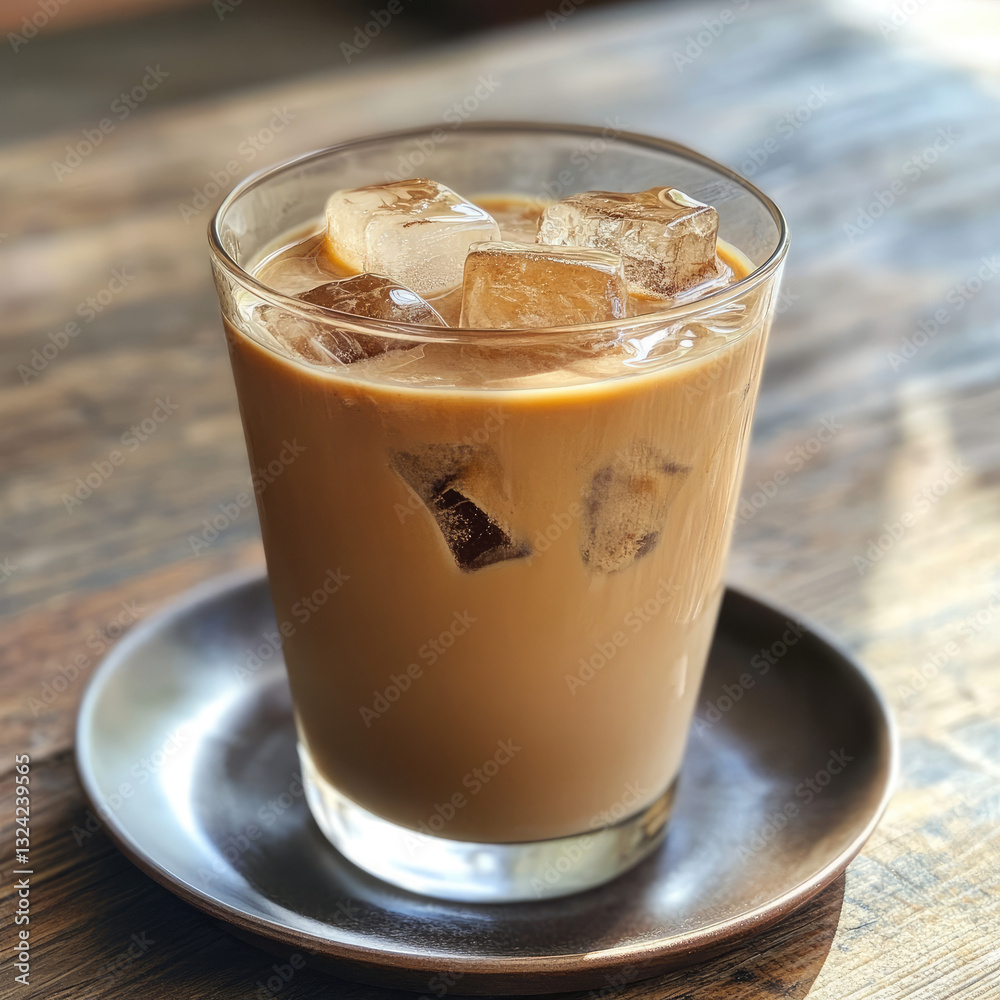 Glass of iced coffee with ice cubes on a small round tray on wood table Glass of iced coffee with ice cubes on a small round tray on wood table
