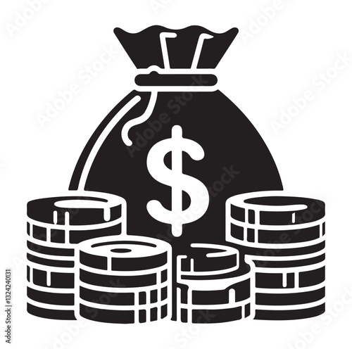 Money bag or stash of money flat icon silhouette vector icon on white background.