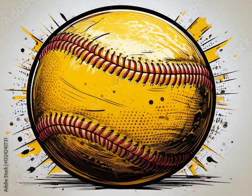 Watercolor softball ball painting, softball ball with red seams vector illustration. American team sports game inventory. Active leisure 3d object on grunge background


