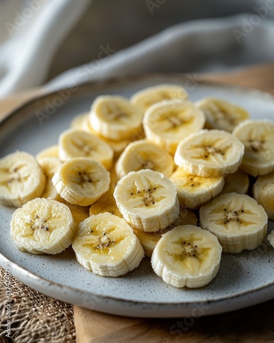 Sliced bananas on plate, natural light, kitchen setting photo