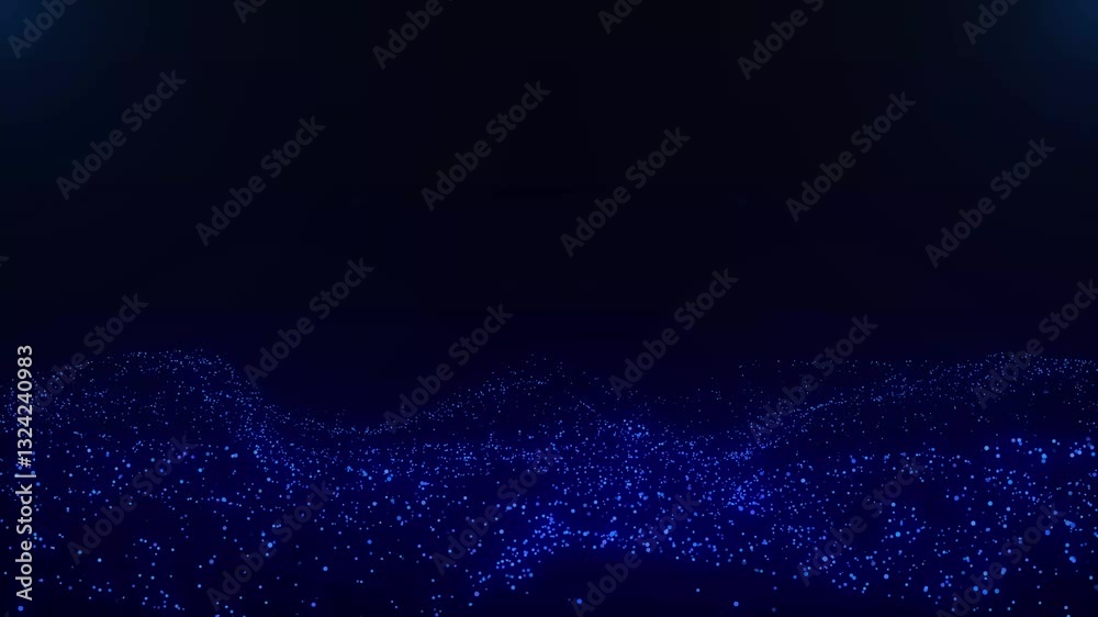 A mesmerizing display of glowing small particles moving randomly, forming flowing waves that resemble a digital wave. The video has a blue base color, creating a futuristic and dynamic visual effect