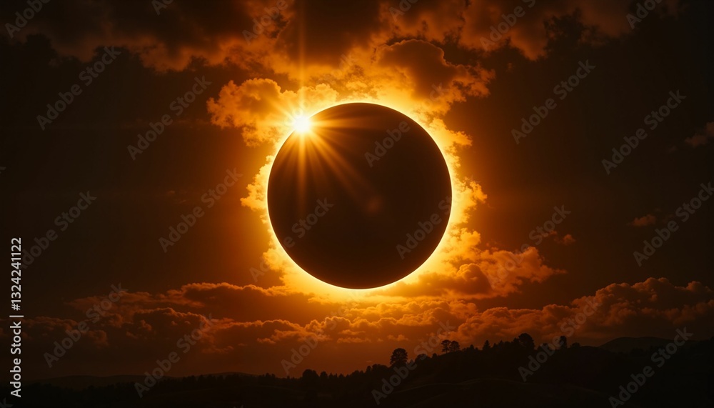 Obraz premium Solar eclipse with glowing halo against dark clouds