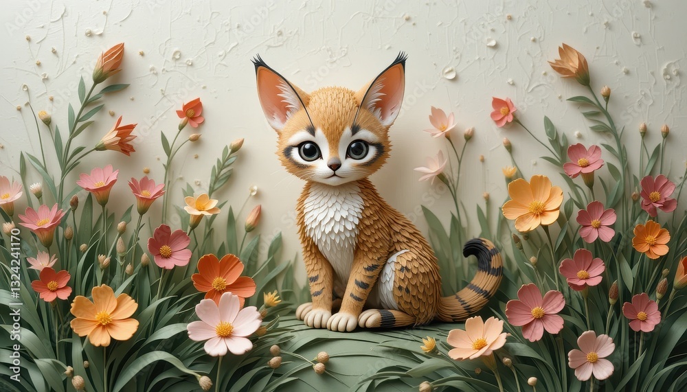 Fototapeta premium Adorable Sand Cat Kitten Amidst Paper Flowers Artistic Craftsmanship