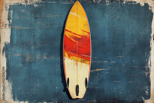 Retro poster on wooden text. The poster depicts a surfboard