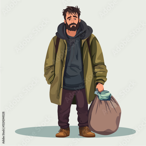 Illustration of a homeless man. Vagabond.