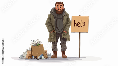 Illustration of a homeless man. Vagabond.