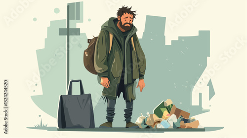 Illustration of a homeless man. Vagabond.