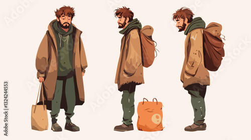 Illustration of a homeless man. Vagabond.