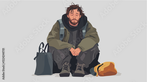 Illustration of a homeless man. Vagabond.