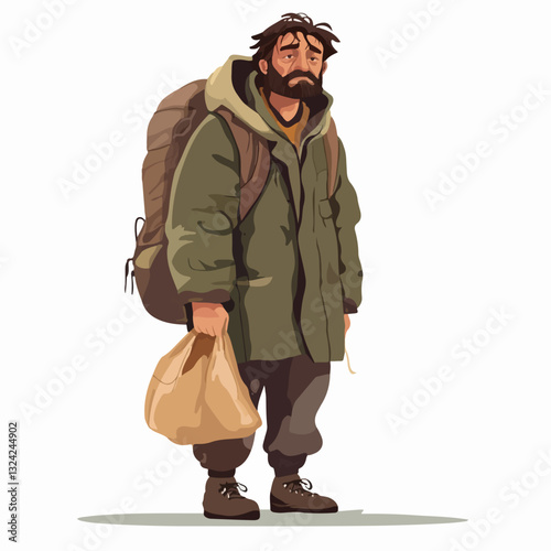 Illustration of a homeless man. Vagabond.