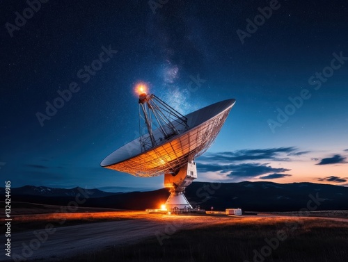 Synchronized satellite dish captures the beauty of the night sky in a remote mountain area photo