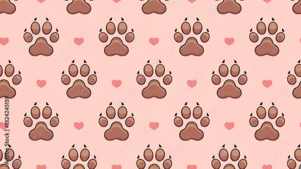 Fototapeta premium Pink Paw Prints and Hearts Pattern