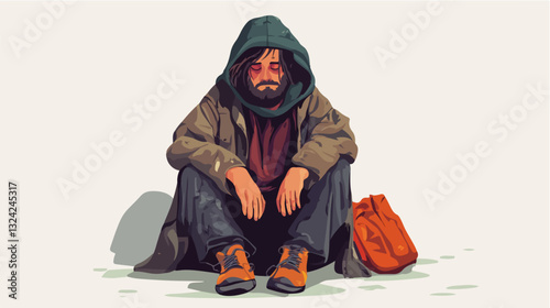 Illustration of a homeless man. Vagabond.