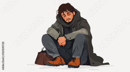 Illustration of a homeless man. Vagabond.