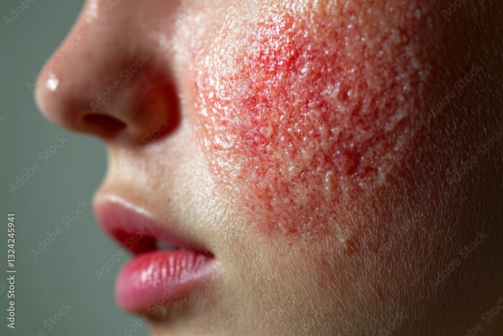 Fototapeta premium Red, irritated skin on the face, close-up with gentle lighting, a neutral background, showing the effects of eczema, detailed texture, lifelike photo