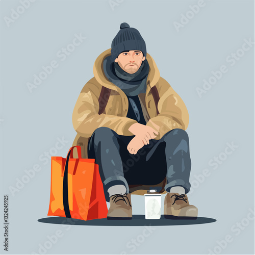 Illustration of a homeless man. Vagabond.