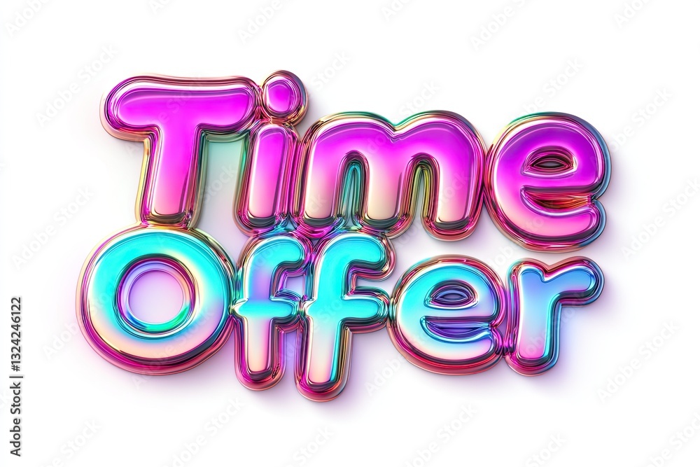 3D text Time Offer in metallic liquid vibrant color gradients glossy finish metallic reflections isolated on a white 3D text Time Offer in metallic liquid vibrant color gradients glossy finish metallic reflections isolated on a white