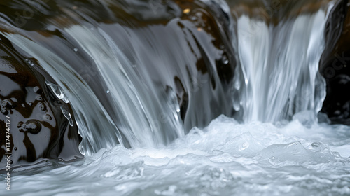 Slow motion Flowing water stream, water drops and reflection
