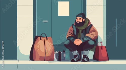 Illustration of a homeless man. Vagabond.