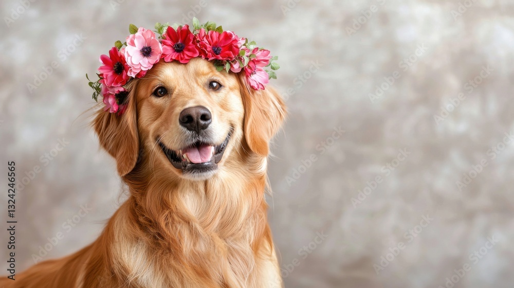 Obraz premium A golden retriever wears a floral crown, showcasing a joyful expression against a muted background.