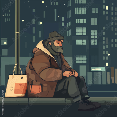 Illustration of a homeless man. Vagabond.