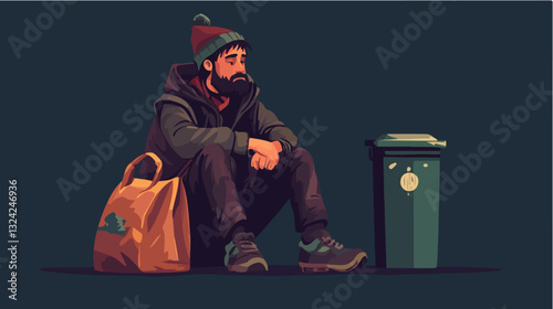 Illustration of a homeless man. Vagabond.