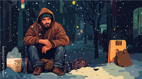 Illustration of a homeless man. Vagabond.